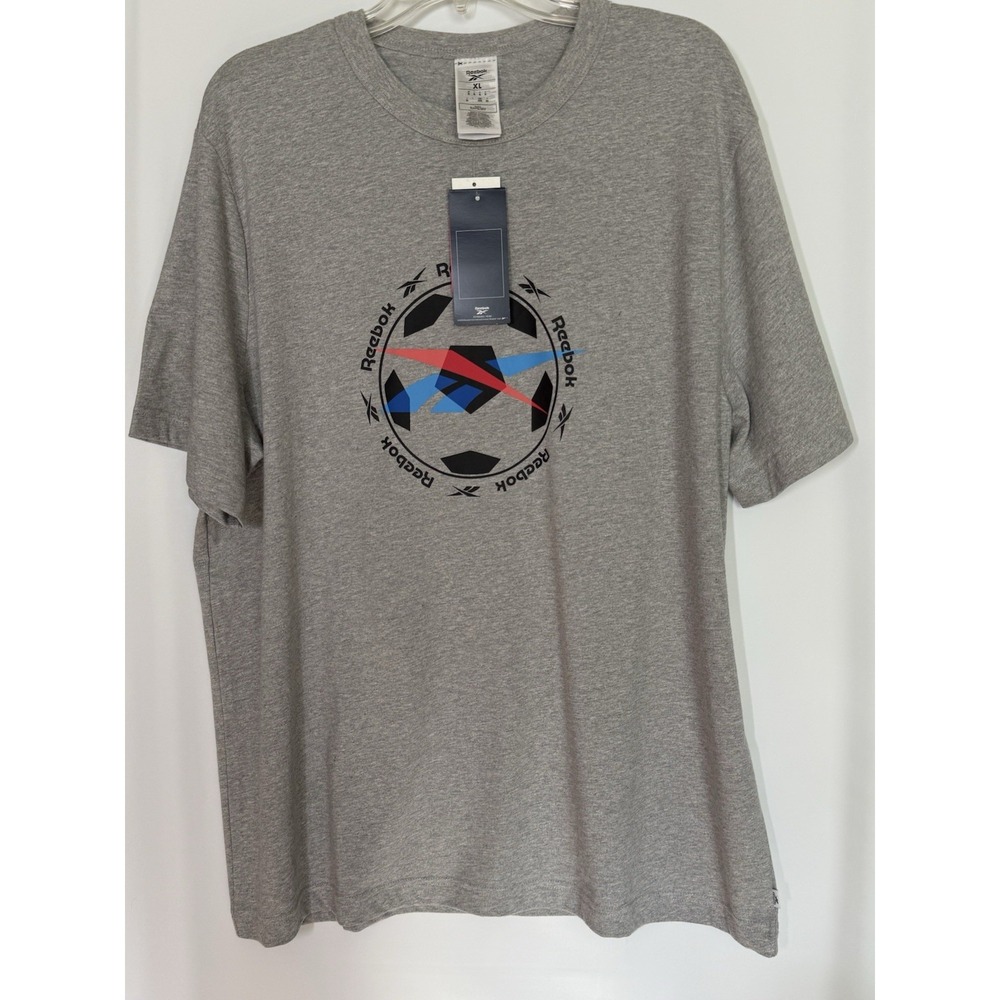 New Reebok Shirt Mens Gray Heathered Soccer Ball Graphic Logo Sportswear Tee XL
